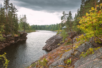  red mountain ash on the background Stone canyon on the Vuoksa river, in the city of Imatra in Finland, nature reserve in autumn