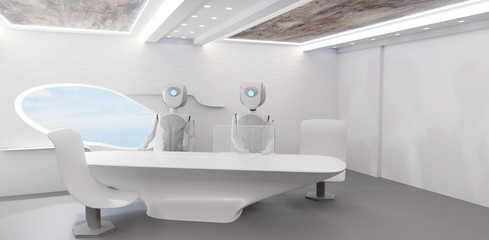 robot artificial intelligence in modern office on big table 3d-illustration