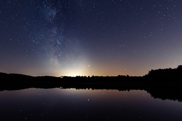 reflection of the milky way on the smooth surface of a small lake