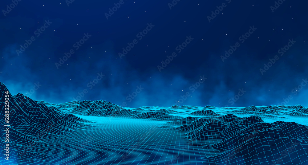 Poster vector retro futuristic background. abstract digital landscape with particles dots and stars on hori