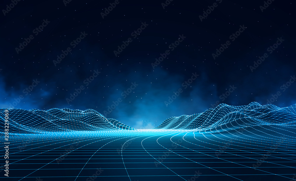 Poster vector retro futuristic background. abstract digital landscape with particles dots and stars on hori