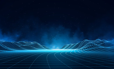 Vector retro futuristic background. Abstract digital landscape with particles dots and stars on horizon. Wireframe landscape background. Big Data Digital retro landscape Retro Sci-Fi Background.