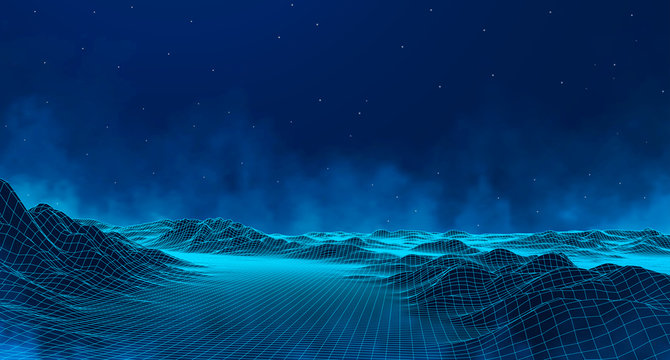 Vector retro futuristic background. Abstract digital landscape with particles dots and stars on horizon. Wireframe landscape background. Big Data Digital retro landscape Retro Sci-Fi Background.