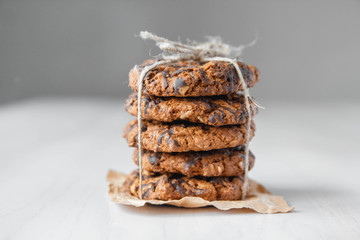 Delicious chocolate chip cookies on white table background. Copy, empty space for text