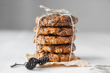 Delicious chocolate chip cookies on white table background. Copy, empty space for text
