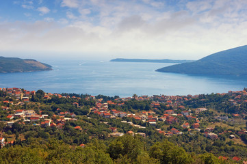 Fototapeta na wymiar Beautiful Mediterranean landscape on sunny summer day. Montenegro, view of Adriatic Sea and Bay of Kotor near Herceg Novi city