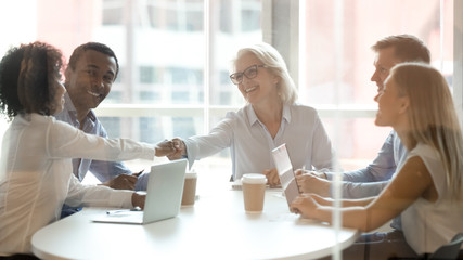 Diverse business partners handshake get acquainted at briefing