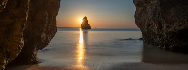 Paradise beach with golden sand and travel tourism wide panorama background concept