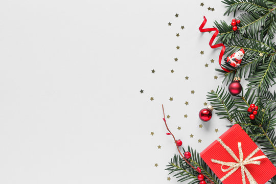 Christmas composition. Gift box christmas ball  and Santa Claus top view background with copy space for your text. Flat lay.