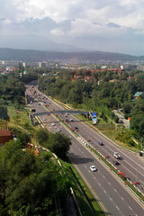 Broad streets leading the traffic through Almaty, Kazakhstan.