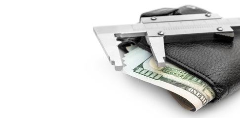 Vernier caliper and wallet with money on white. Space for text. Planning home  budget.