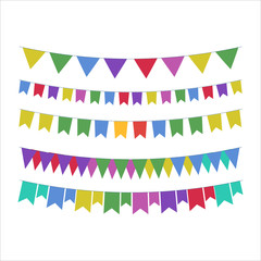 Fototapeta premium Multicolored bright buntings garlands isolated on white background.