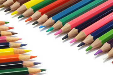 Color pencils isolated on white background. Close up. selective focus.