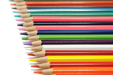 Color pencils isolated on white background. Close up. selective focus.