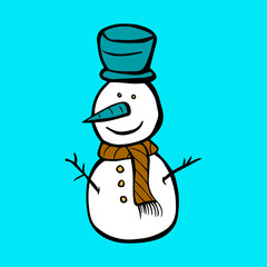 Merry Christmas and Happy New Year snowman in hat, scarf. Ideal for holiday card, poster, banner, label, sticker, print. Design template isolated blue background. Simple illustration drawing. Winter