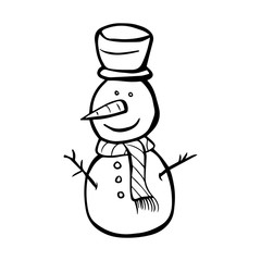 Merry Christmas and Happy New Year snowman. Ideal for holiday card, poster, banner, label, sticker, print. Design template isolated white background. Simple illustration drawing