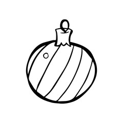 Merry Christmas and Happy New Year tree toy striped ball. Ideal for holiday card, poster, banner, label, sticker, print. Design template isolated white background. Simple illustration drawing