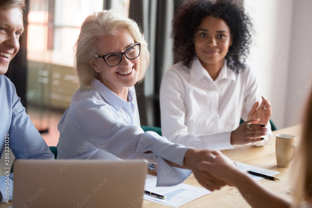 Canvas Prints smiling middle-aged employee handshake colleague greeting at briefing