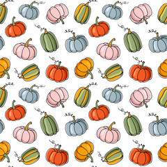 Seamless vector pattern with colorful gourds. Lovely pumpkins.