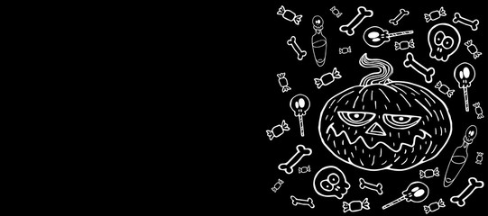 Halloween horizontal background black, white line, pumpkin with sweets, bones, potions, vector illustration for design and decoration
