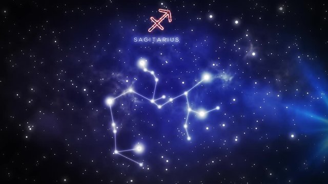 Night sky universe with twinkling stars and a light streak that shows the path that forms the zodiac constellation of  Sagitarius