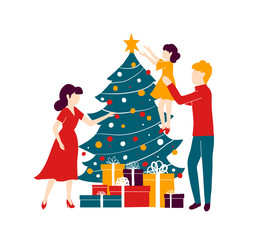 Obraz na płótnie Canvas The family decorates the Christmas tree for the holiday. New Year