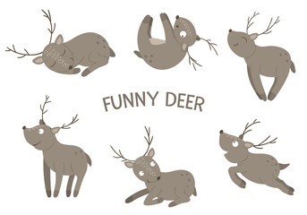 Vector set of cartoon style hand drawn flat funny deer in different poses. Cute illustration of woodland animals for children’s design. .