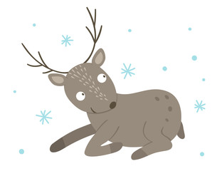 Vector hand drawn flat deer with snowflakes. Funny winter scene with woodland animal. Cute forest animalistic illustration for children’s design, print, stationery.