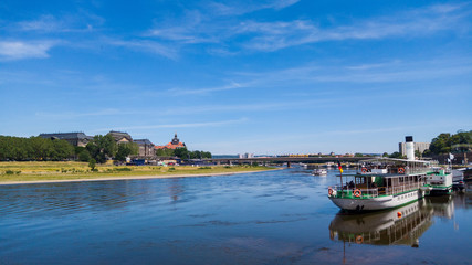 Elbe river dresden boat and bridge