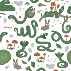 Vector seamless pattern of hand drawn flat funny snakes in different poses. Cute repeat background with woodland animals. Cute serpents ornament for children’s design. .