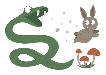Vector hand drawn flat snake hunting a hare. Funny woodland animal. Cute forest serpent illustration for children’s design, print, stationery.