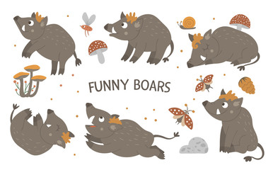 Vector set of cartoon style hand drawn flat funny boars in different poses. Cute illustration of woodland animals for children’s design. .