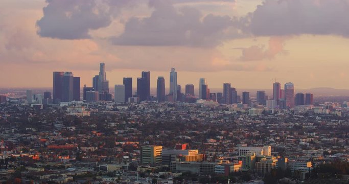 View of Downtown LA skyline from Griffith Park in Los Angeles, California