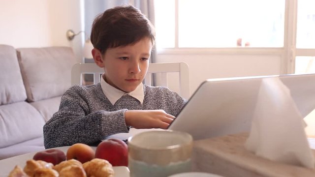 Boy looking to display laptop at the table in the kitchen