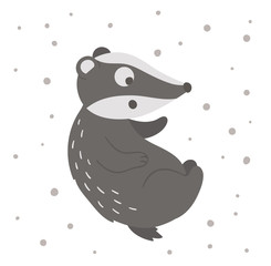 Obraz premium Vector hand drawn flat falling badger. Funny woodland animal. Cute forest animalistic illustration for children’s design, print, stationery.