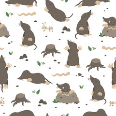 Vector seamless pattern of hand drawn flat funny moles in different poses. Cute repeat background with worm, ant, stump, stones, insects. Sweet animalistic ornament for children’s design. .