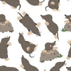 Vector seamless pattern of hand drawn flat funny moles in different poses. Cute repeat background. Sweet animalistic ornament for children’s design. .
