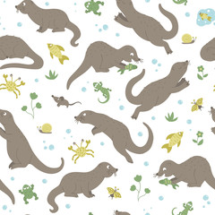 Vector seamless pattern of hand drawn flat funny otters in different poses. Cute repeat background with frog, lizard, fish, crab, insects. Sweet animalistic ornament for children’s design. .