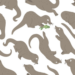 Vector seamless pattern with hand drawn flat funny otters in different poses. Cute repeat background. Sweet animalistic ornament for children’s design. .
