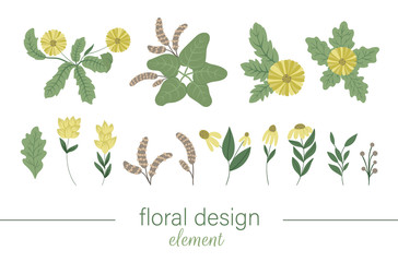 Vector yellow floral clip art set. Hand drawn flat trendy illustration with flowers, leaves, branches. Meadow, woodland, forest garden elements isolated on white background. 