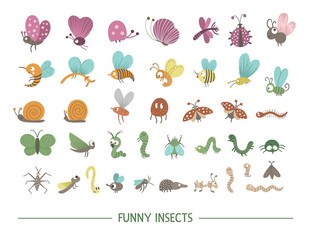 Set of vector hand drawn flat insects. Funny bugs collection. Cute forest illustration with butterflies, bees, caterpillars for children’s design, print, stationery. © Lexi Claus