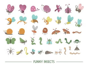 Foto op Plexiglas Set of vector hand drawn flat insects. Funny bugs collection. Cute forest illustration with butterflies, bees, caterpillars for children’s design, print, stationery. © Lexi Claus