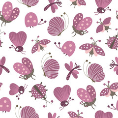 Vector seamless pattern with hand drawn flat funny insects. Cute repeat background with purple cater butterflies, moths, dragonflies. Sweet creepy-crawly ornament for children’s design, print. .