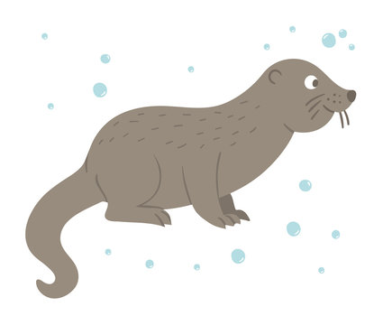 Vector hand drawn flat otter. Funny woodland animal. Cute forest animalistic illustration for children’s design, print, stationery.