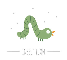 Vector hand drawn flat crawling green caterpillar. Funny woodland insect icon. Cute forest animalistic illustration for children’s design, print, stationery.