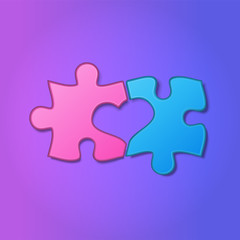 Realistic pieces of jigsaw puzzle with heart shape between them on purple background. Two halves of the whole. Love, medical, relationship symbol. Valentine's concept. Vector Illustration.