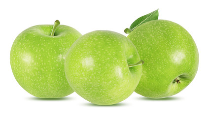 Fresh green apples with leaf isolated on white background with clipping path