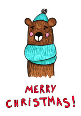 Christmas new year hand drawn watercolor decorative items over white. Gifts, animals, bear, penguin, lettering.