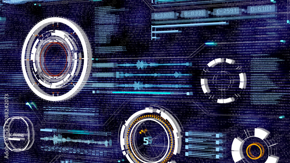 Poster HUD Futuristic Spin Crosshair Gadget Data Transfer 3D Rendering Screen Display Panel