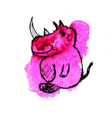 The pink Rhino in the hat graphics on watercolor spot. Children's drawing. Abstract illustration.